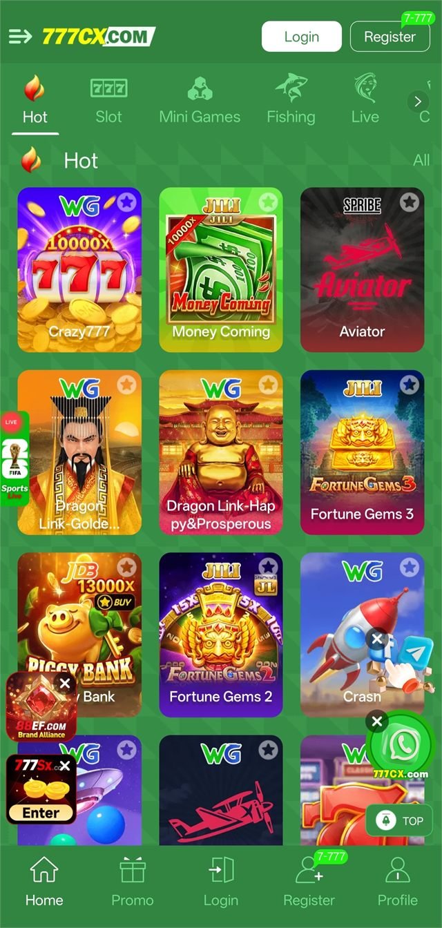 777cx app home screen showing hot slot games including Crazy777, Money Coming and Fortune Gems