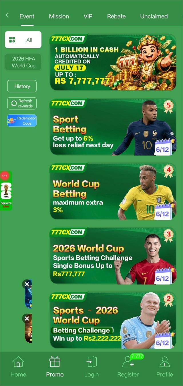 777cx app screenshot — promotions and events hub
